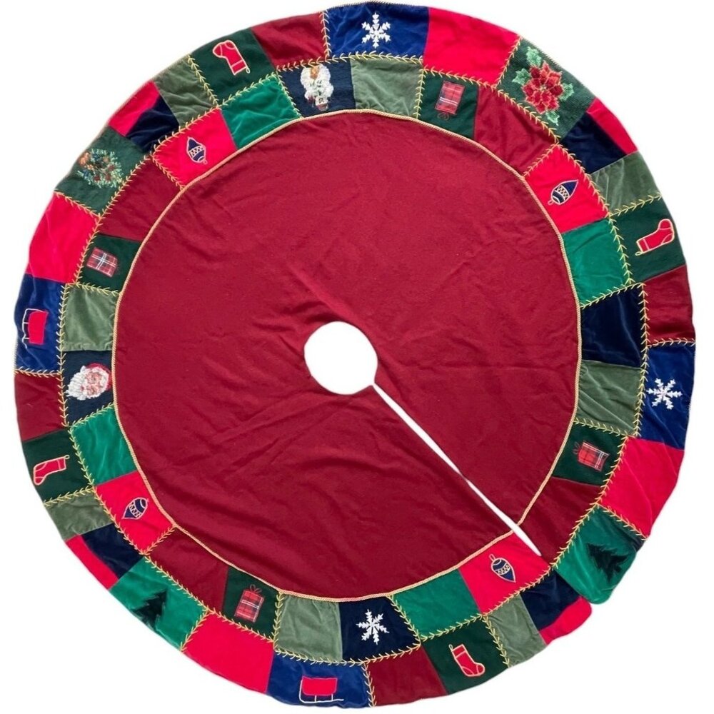 Vintage Patchwork Christmas Tree Skirt With Needlepoint, Applique & Embroidered